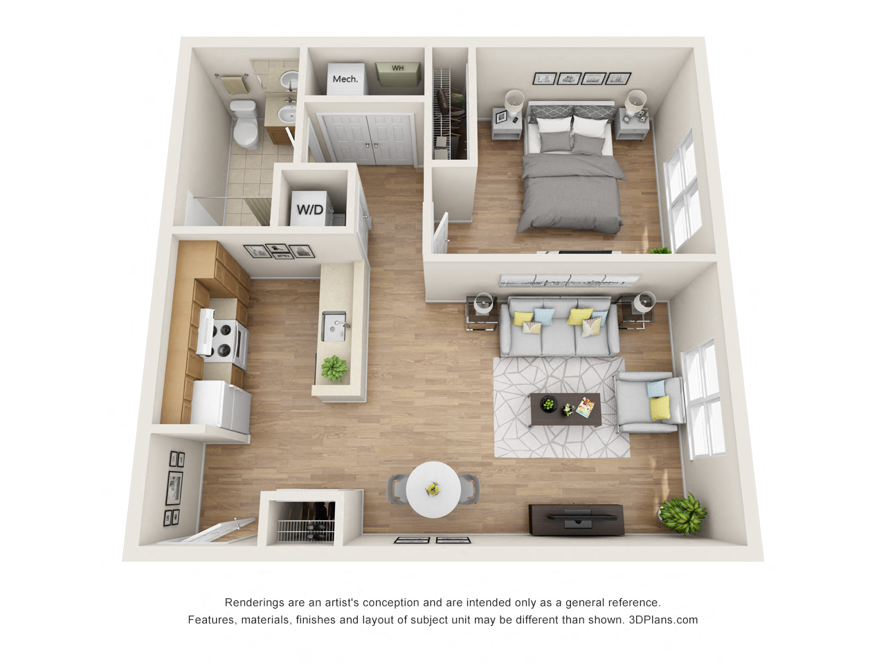 Floor plan for 1 bed, 1 bath, 752 sqft